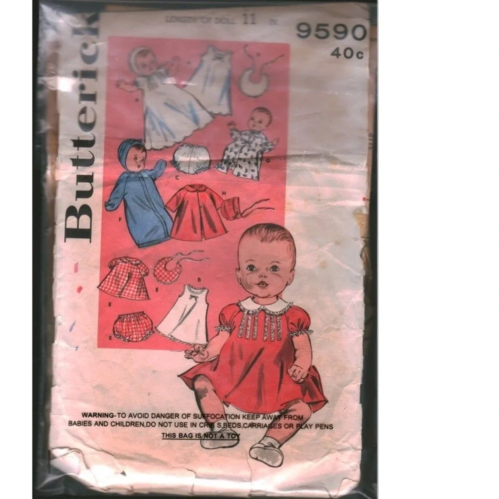 Vintage Butterick 9590 Infant and Baby Doll Wardrobe Sewing Pattern 11 Inch